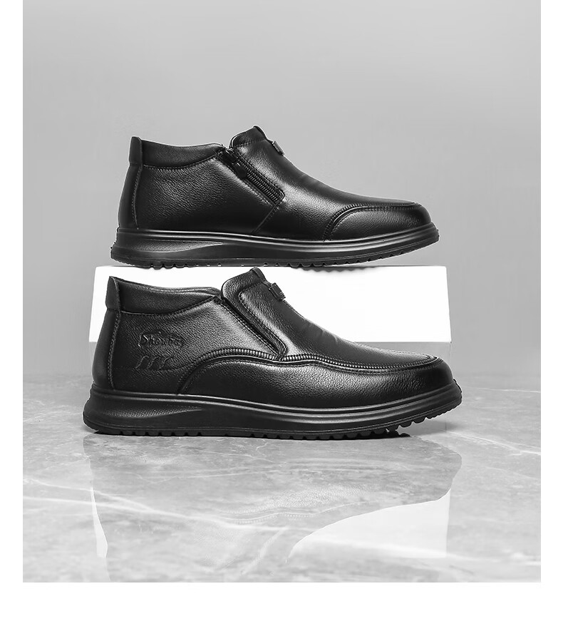 兽霸男鞋商务休闲皮鞋2022秋冬加绒加厚皮鞋保暖男士皮鞋 黑色 38【图