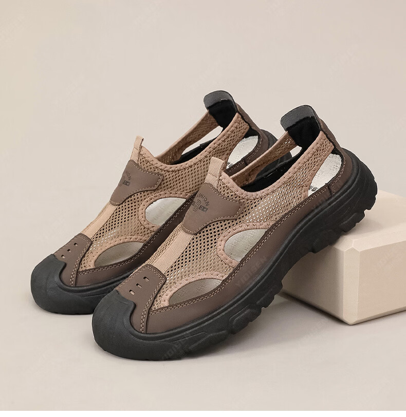 Yidisen Summer Genuine Breathable Water-Resistant Hiking Sandals for Men Hollow Out Beach Shoes Mesh Toe Cap Coffee Color Size 39 26