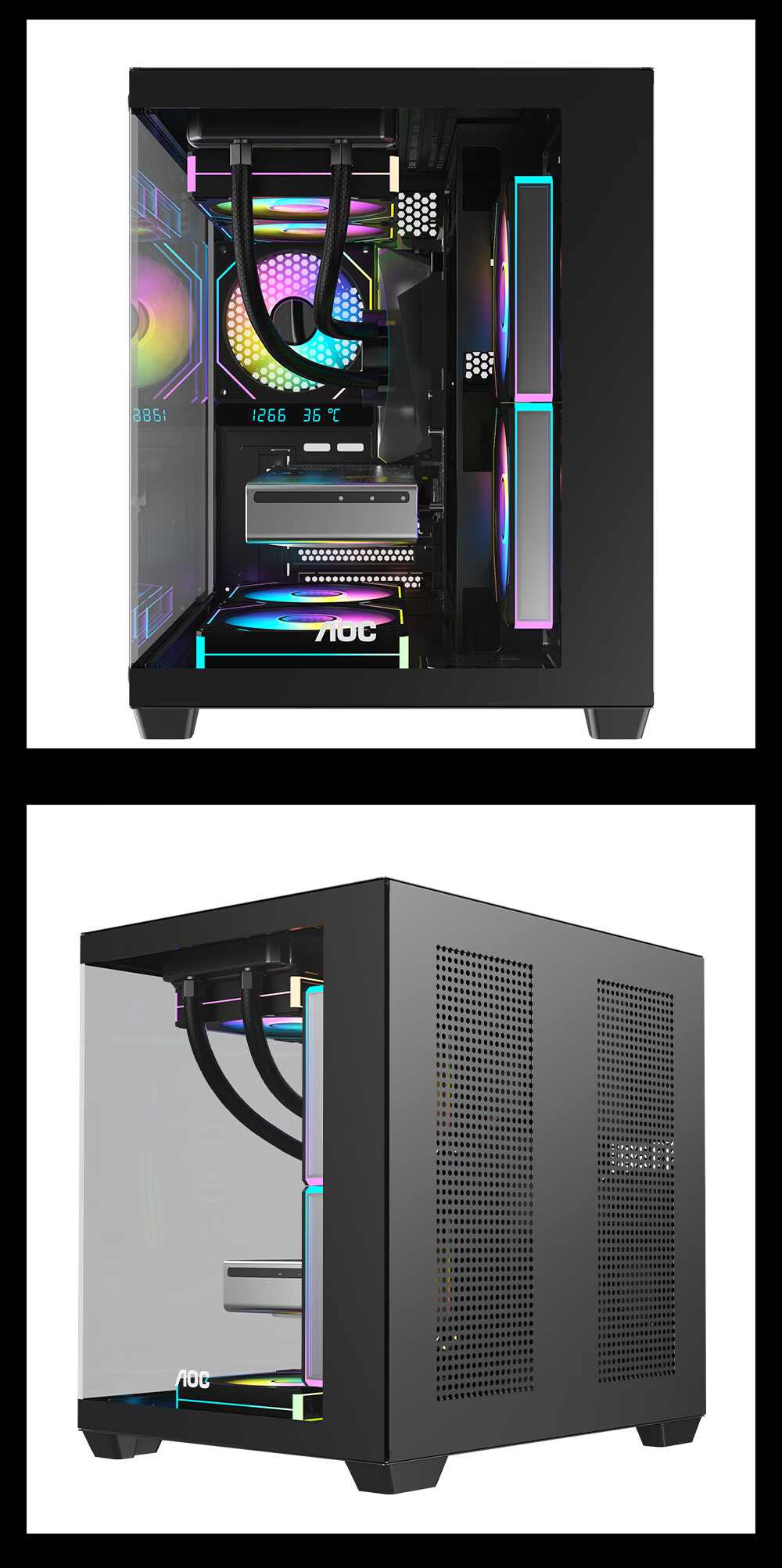 AOC Seaview CG391B Case + T122RB Fan 3-Pack Set (M-ATX Pillarless Double-Sided Side-Transparent Seaview Case, Supports 240mm Water Cooling, ARGB Temperature-Controlled Fans) 6