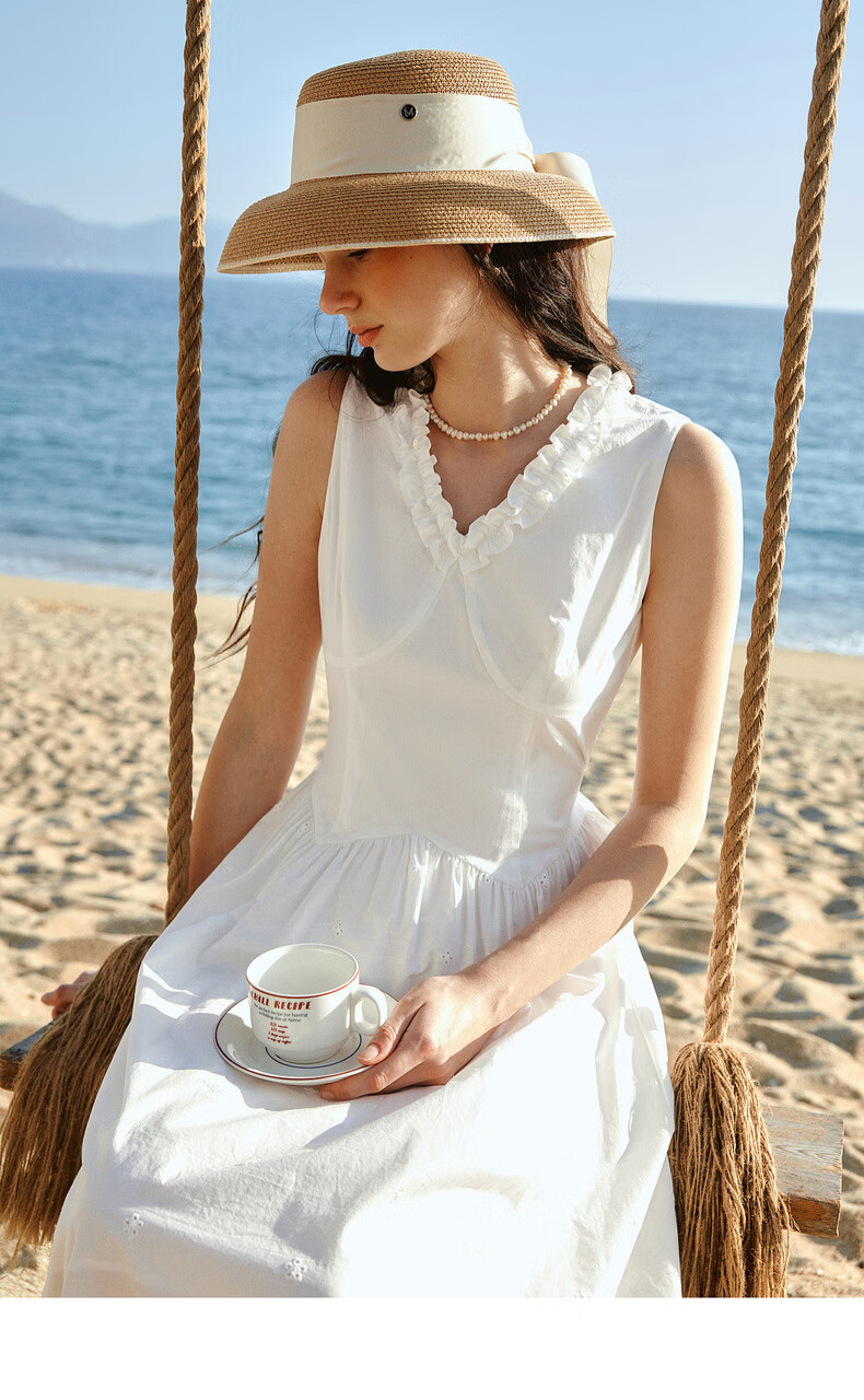 Olrain European Style Summer New French V-Neck Slim Fit Vest Dress for Women Mid-Length Dress Off-White XL 12
