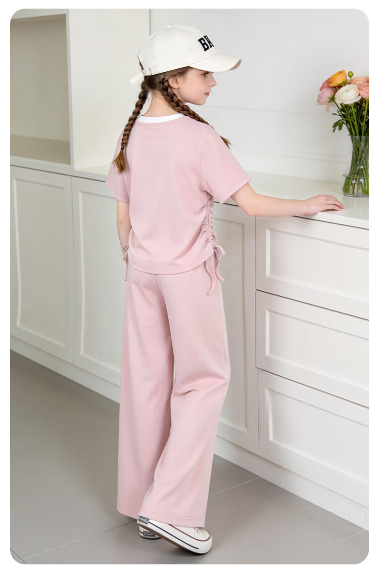 Disney Girls Judy Drawstring T-Shirt Set Summer Round Neck Short Sleeve Wide Leg Pants Two-Piece Casual Outfit Pink Size 150 14