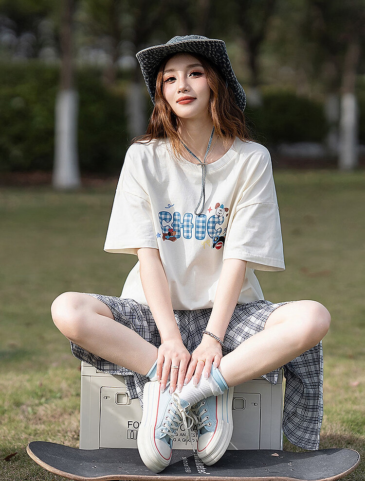 TonLion 2025 Summer Women's Crew Neck Plaid Letter Short Sleeve T-Shirt 2