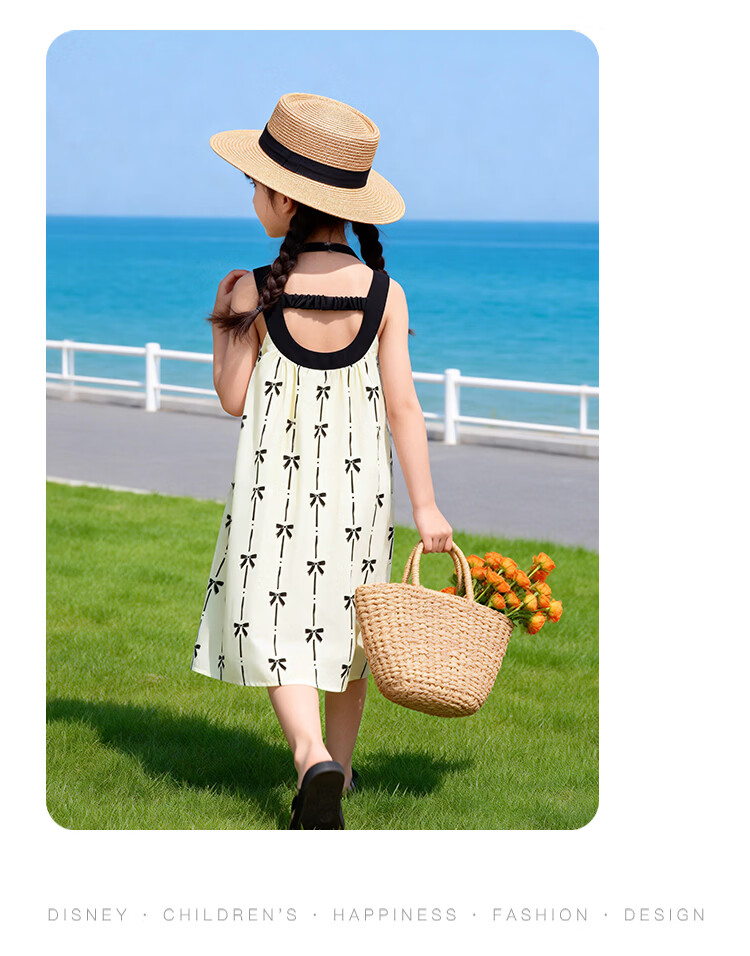 Disney Girls' Bowknot Strap Dress Summer Cotton Vacation Style Sleeveless A-Line Dress for Big Kids 120 14