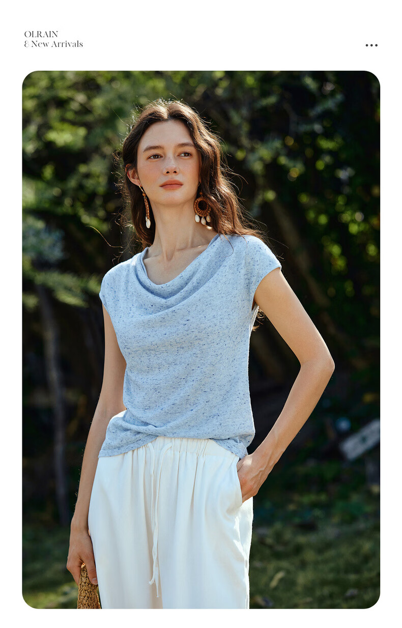 Olrain Summer New French Style Solid Color V-Neck Slim Fit Knit Top for Women Blue S 2