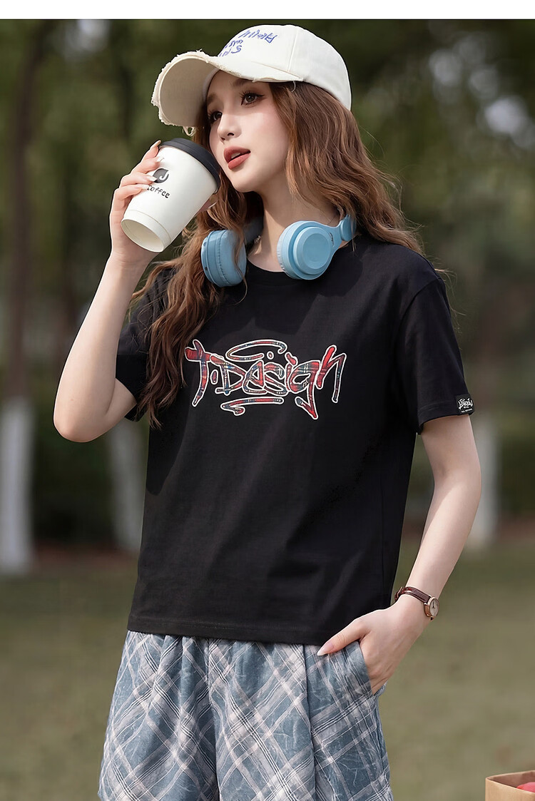TonLion [Guan Xiaotong Same Style] Tang Lion 2026 Summer Women's Short Sleeve T-Shirt Trendy Plaid Black Loose Top 9