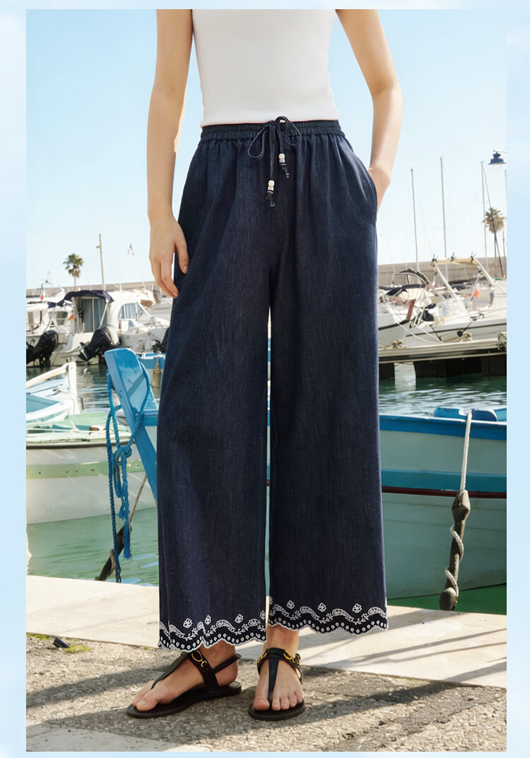 INMAN Hemp Cotton Embroidered Natural Color Denim Wide-Leg Pants 26 Summer New Drawstring Cropped Trousers Deep Denim Blue M 16