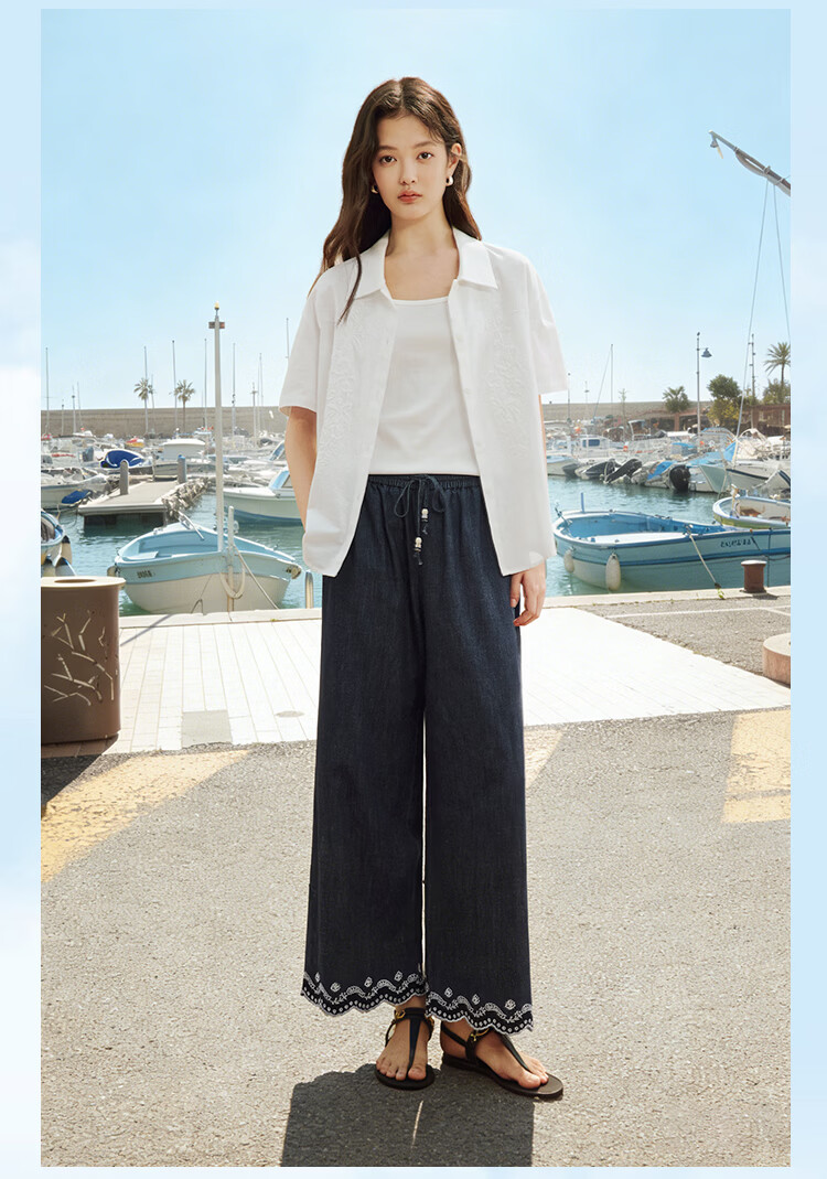 INMAN Hemp Cotton Embroidered Natural Color Denim Wide-Leg Pants 26 Summer New Drawstring Cropped Trousers Deep Denim Blue M 18