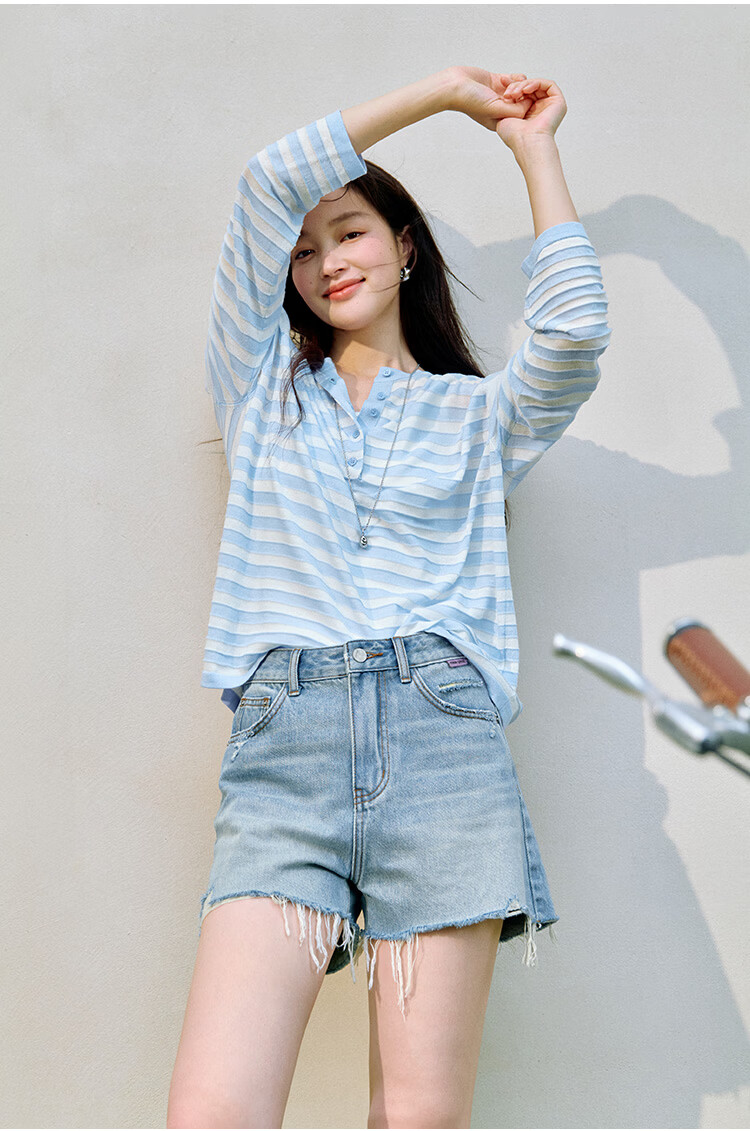 Inman [Linen Tencel] Henry Collar Striped Knit Top Summer New Women's Nautical Style Pullover Klein Blue M 19
