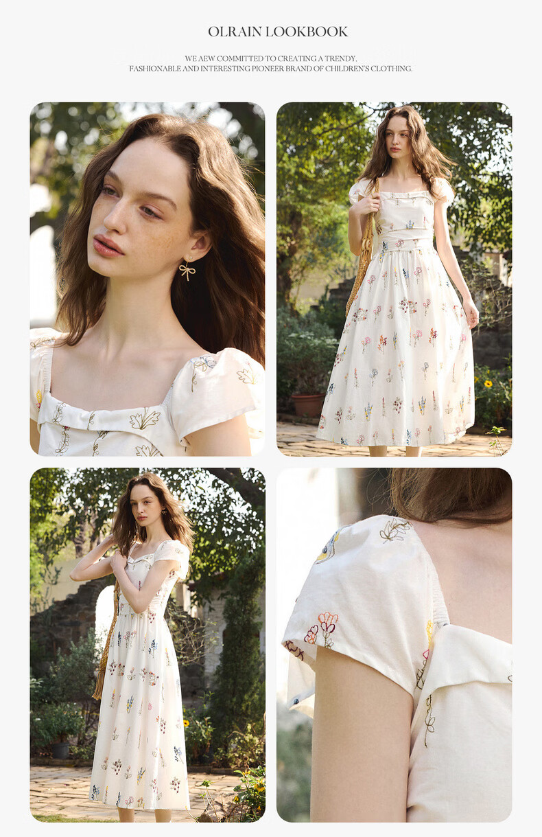 Olrain Women's Summer New Square Neck Puff Sleeve Floral Heavy Embroidery Waist Dress Colorful XL 4