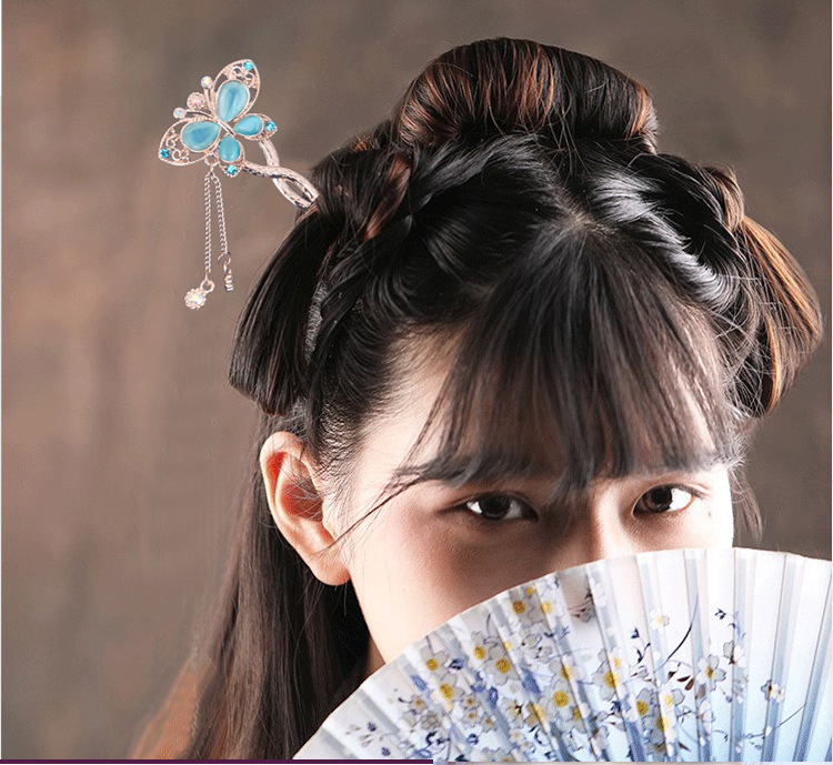 古典发簪宫廷复古簪子韩国镶钻流苏步摇新娘盘发头饰品 卡其色 花