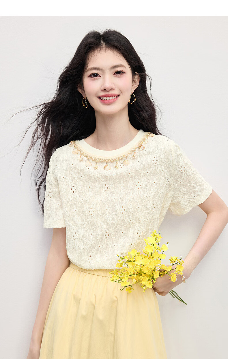 Sllsky Bohemian Heavywork Hollow-out Short Sleeve T-shirt Women Summer 2026 New Elegant Shell Strap Crew Neck Top 21