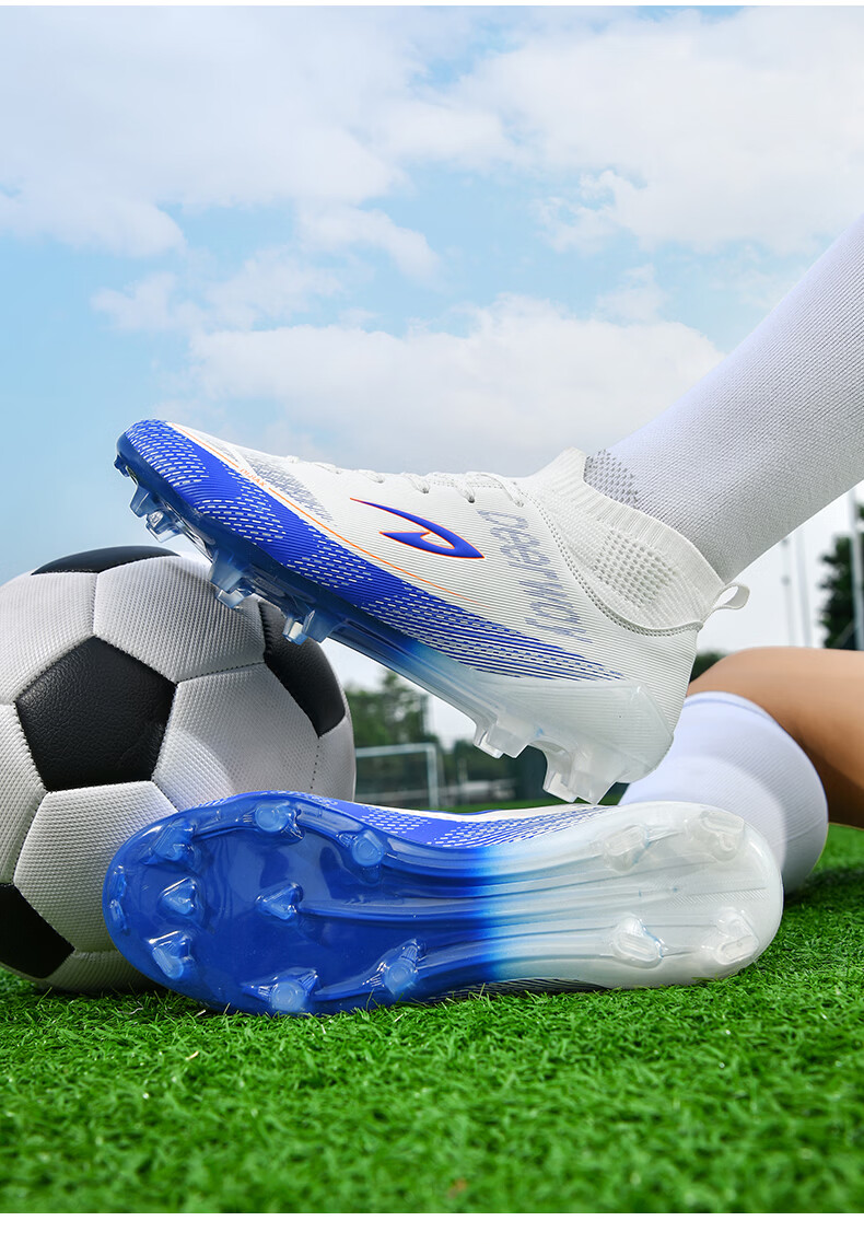 Delhui Men's Football Shoes AG Long Studs Non-Slip Youth Student TF Turf Training Shoes White Blue TF Studs Size 37 16