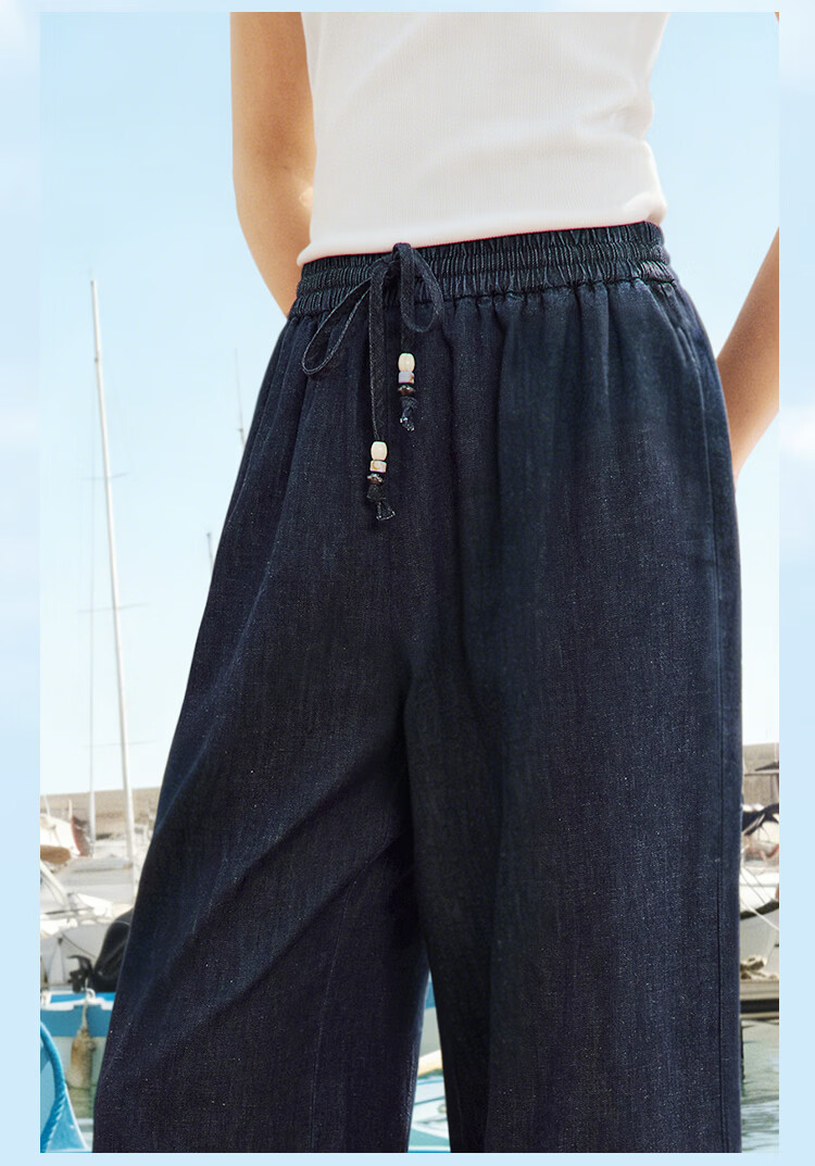 INMAN Hemp Cotton Embroidered Natural Color Denim Wide-Leg Pants 26 Summer New Drawstring Cropped Trousers Deep Denim Blue M 17