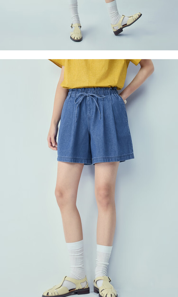 Giordano Women's Summer New Lightweight Cotton Pleated Balloon Elastic Waist Denim Shorts 13406325 16