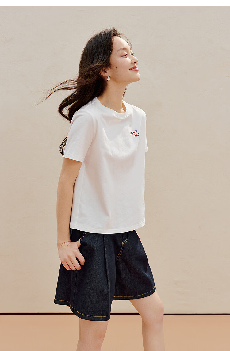 INMAN Classic Cotton Embroidered Crew Neck Short Sleeve T-Shirt Spring 2026 Women's Casual Basic Pearl White M 21