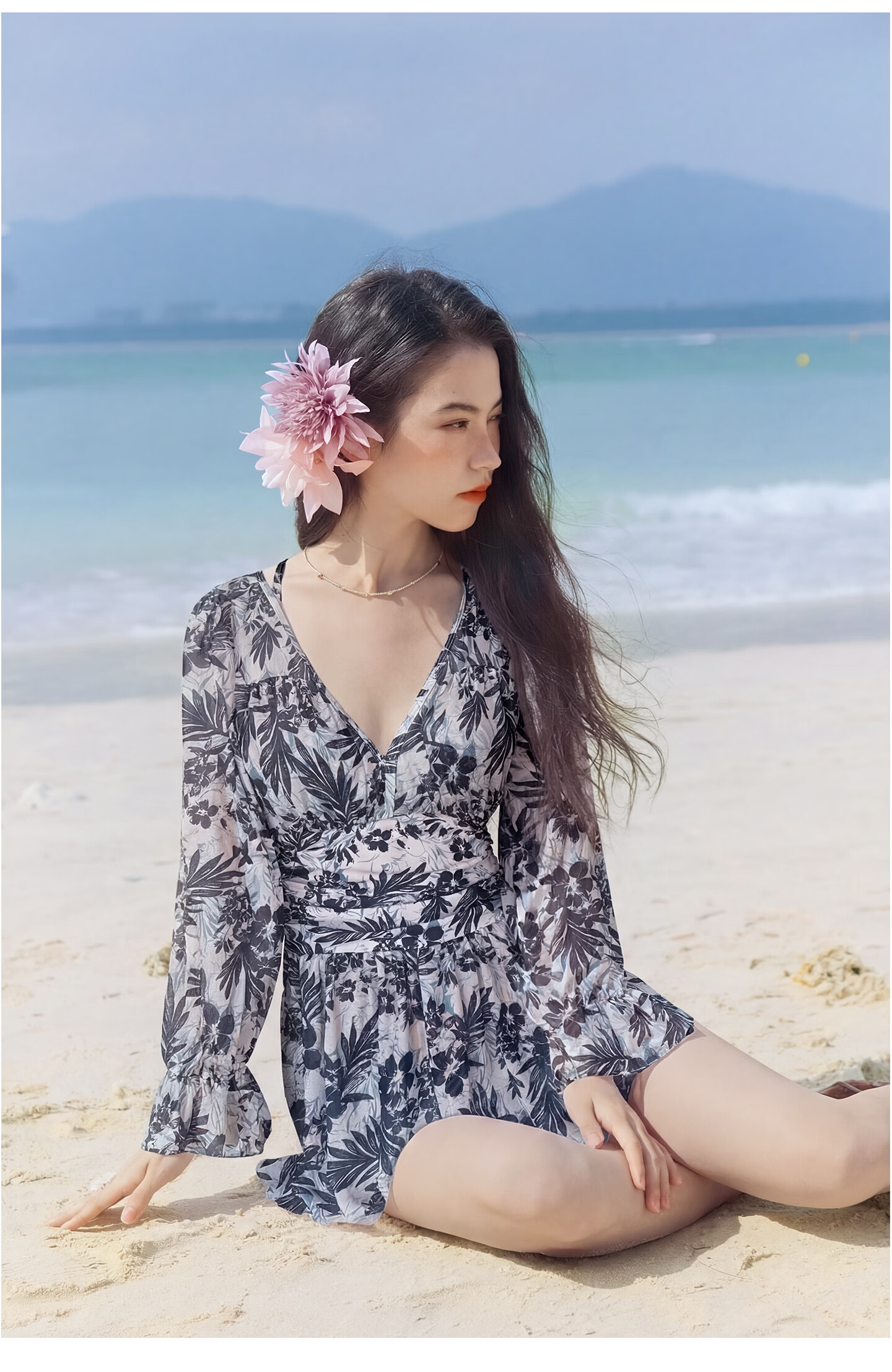 Sanqi Women's One-Piece Swimsuit Skirt Style V-Neck Tummy Control Slimming Vacation Hot Spring Long Sleeve Plus Size Fairy Style Swimwear 2XL 26