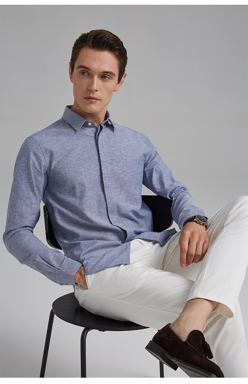 培罗蒙baromon长袖衬衫男秋装男士长袖衬衣蓝灰色修身棉麻商务衬衫