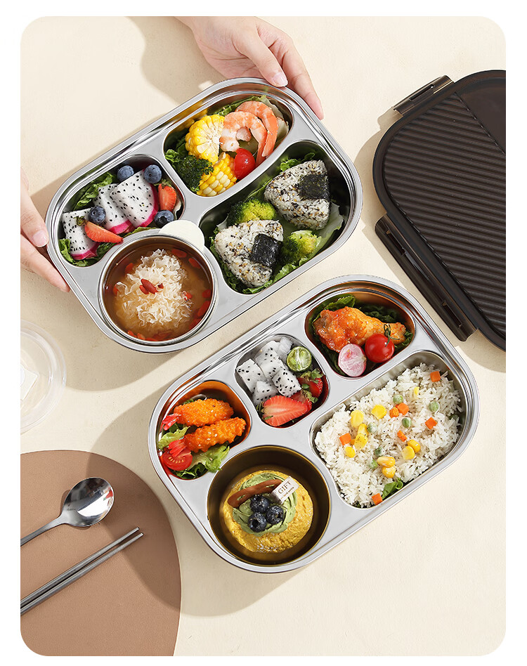 Yolunmei 304 Stainless Steel Divided Lunch Tray Large Capacity Covered Five-Compartment Bento Box for Office Workers and Children 10