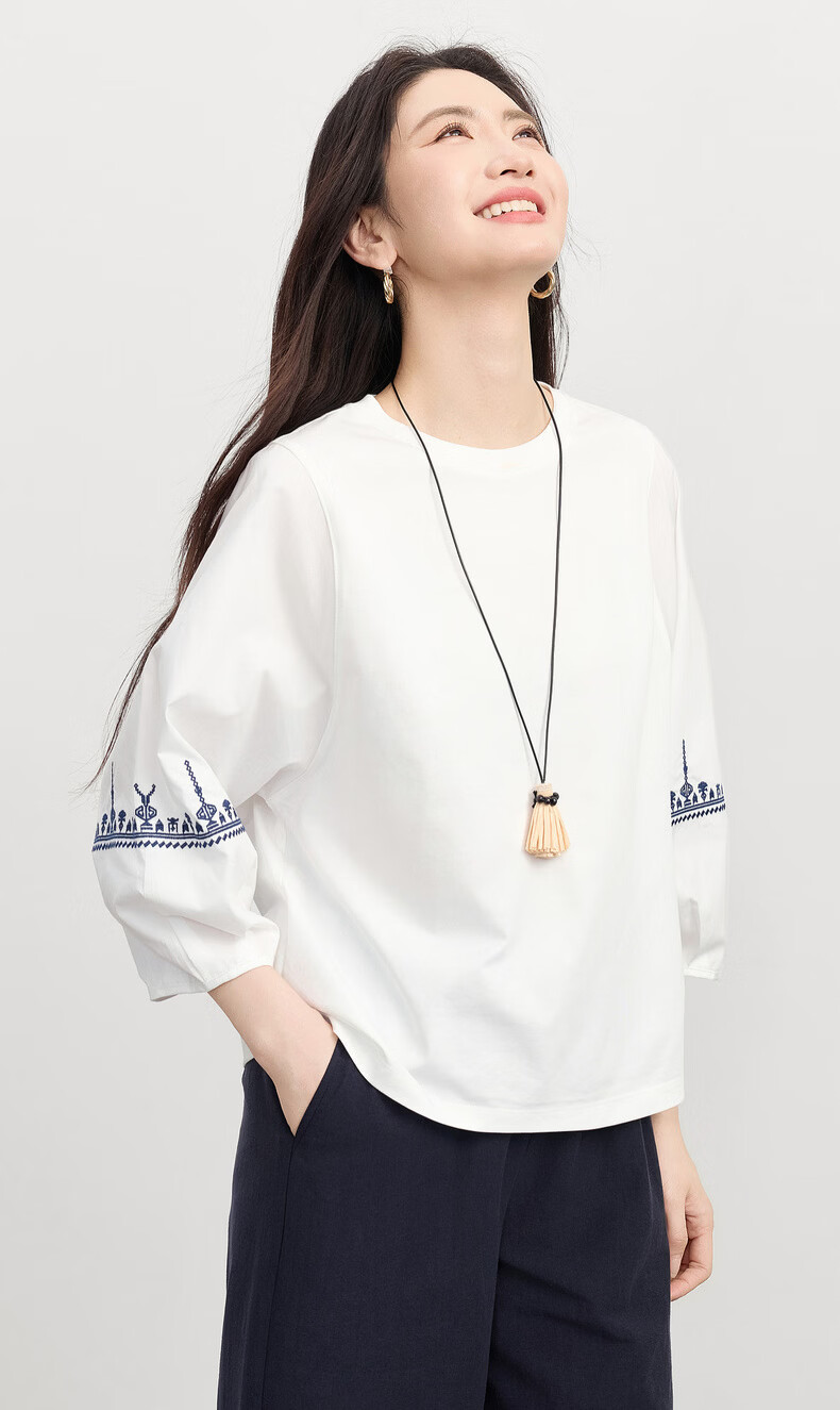 Sllsky Bohemian Embroidered White T-Shirt for Women 2026 Spring Summer New Loose Casual Three-Quarter Sleeve Top 4