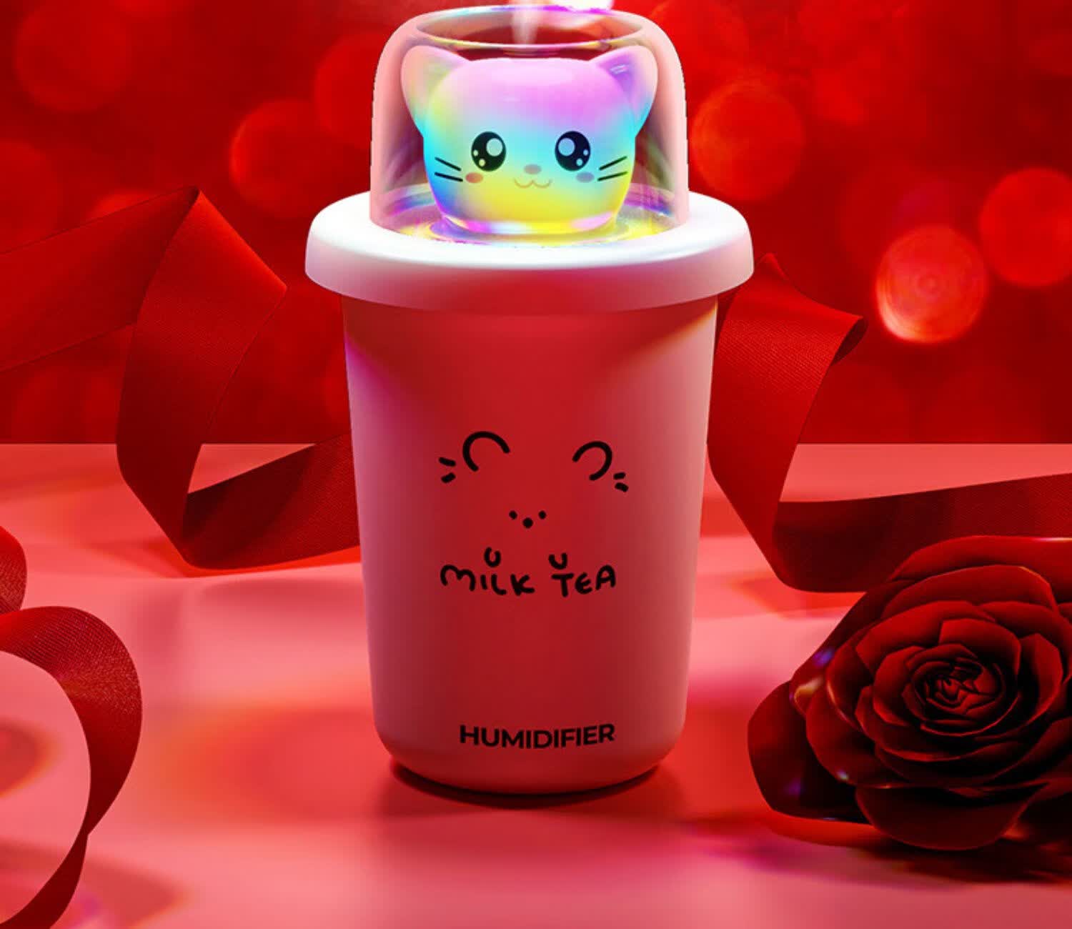 卡通usb奶茶杯加湿器家用迷你香薰蒸脸仪喷雾夜灯补水仪礼品 粉色小熊