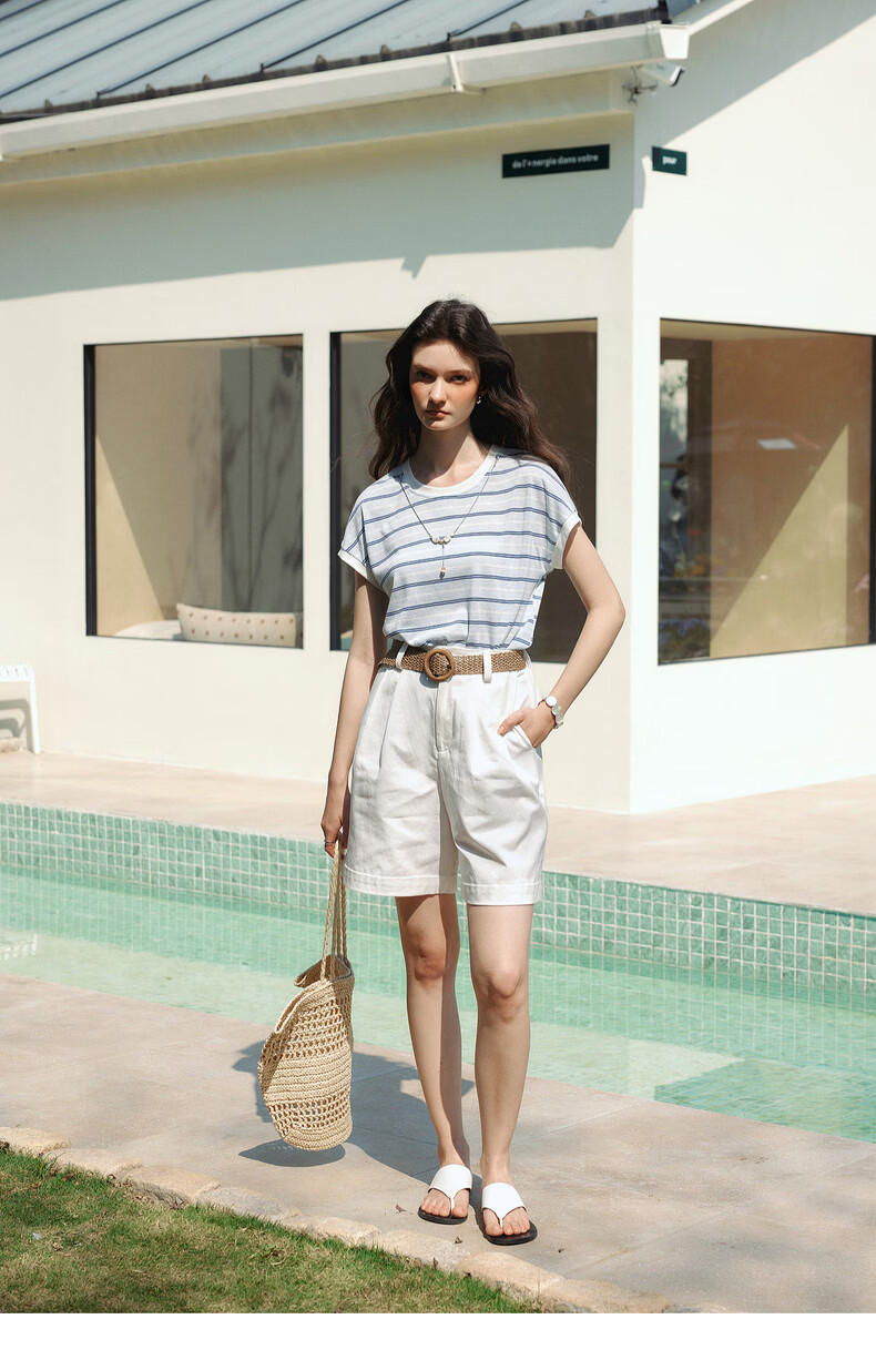 Olrain Summer New Blue and White Color Block Striped Loose Casual Commuting Short Sleeve T-Shirt for Women Striped L 15
