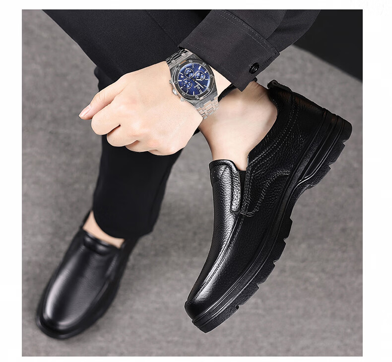 CARTELO First Layer Cowhide Men's Breathable Casual Leather Slip-On Shoes Genuine Leather Dad Shoes KX05 Black Size 46 11
