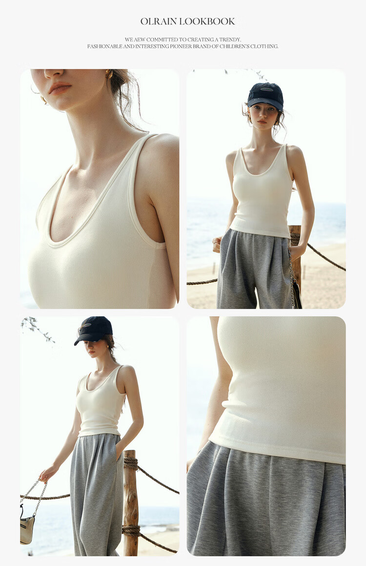 Olrain Summer Casual Large U-Neck One-Piece Padded Slim Fit Versatile Camisole White One Size 6