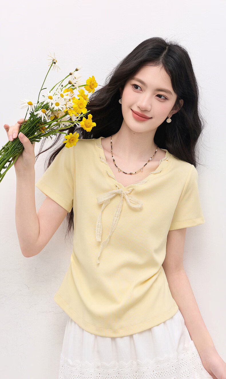Sllsky Yellow Bow Tie V-Neck Short Sleeve T-Shirt Summer Women's Stylish Waist-Cinching Top 2