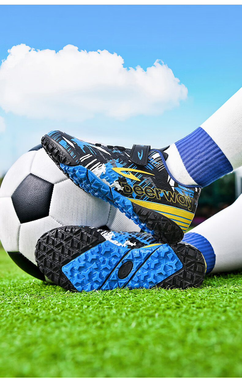 Delhui Kids Soccer Shoes TF Turf Studs 6-12 Years Old Slip-On School Grass Football Training Black Blue Yellow Size 32 16
