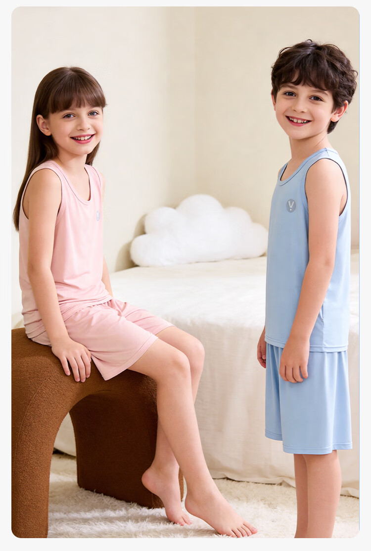 Hodo Kids Summer Thin Ice Silk Sleeveless Pajama Set for Boys and Girls, Vest Style Homewear 16