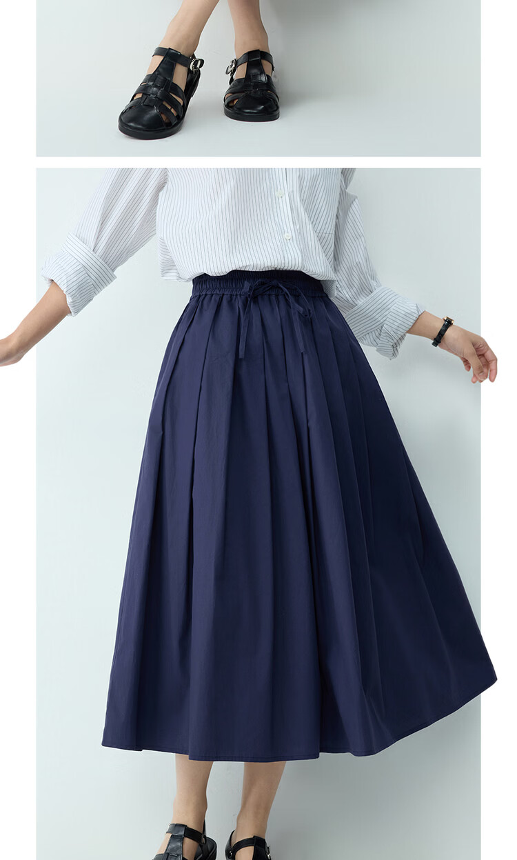 Giordano Women's Flared A-Line Skirt 2026 Summer New Pure Cotton Pleated Skirt Elastic Waist Midi Skirt 13466303 17