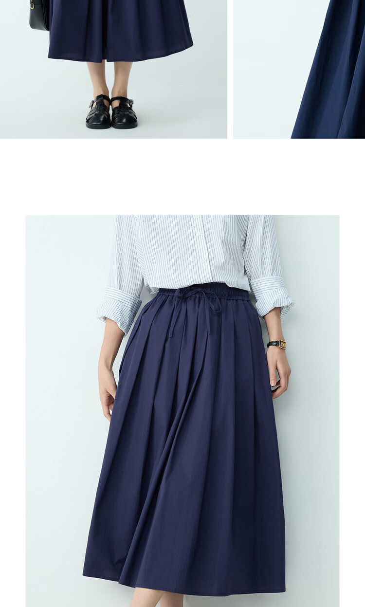 Giordano Women's Flared A-Line Skirt 2026 Summer New Pure Cotton Pleated Skirt Elastic Waist Midi Skirt 13466303 16