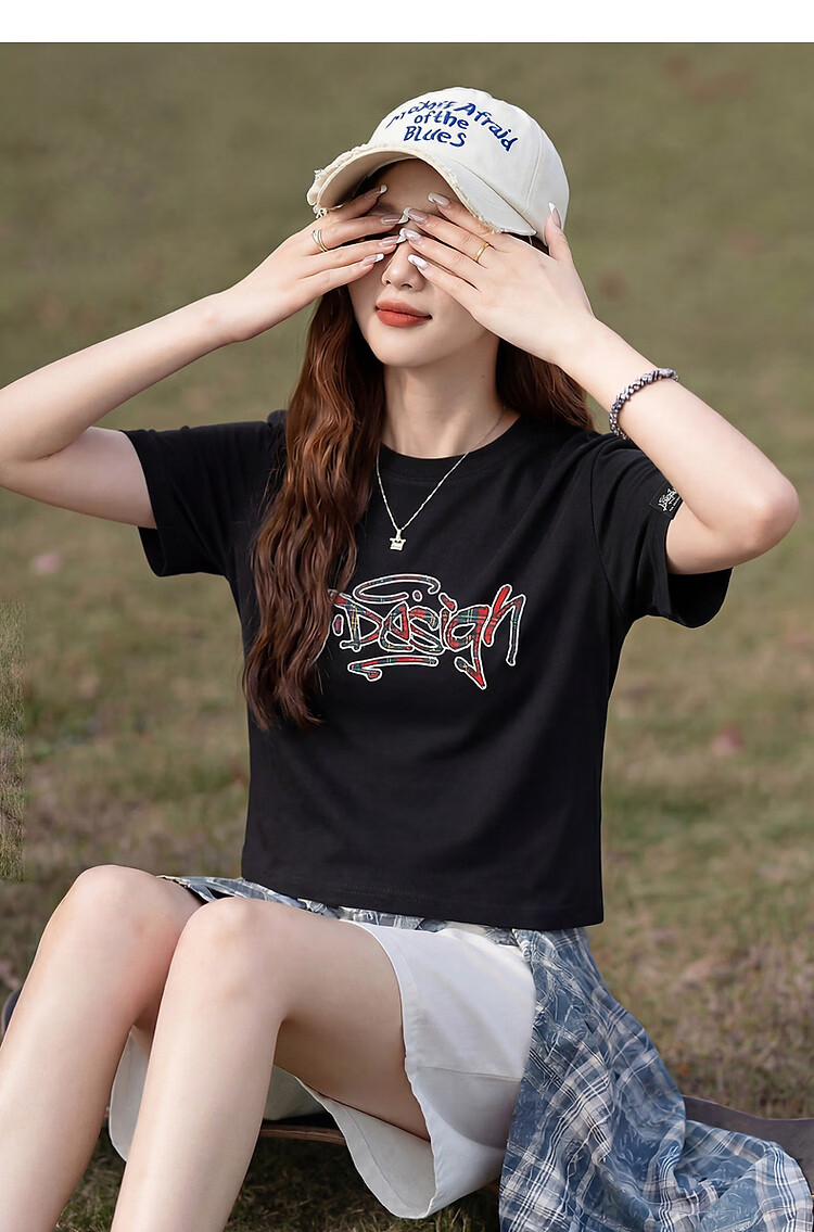 TonLion [Guan Xiaotong Same Style] Tang Lion 2026 Summer Women's Short Sleeve T-Shirt Trendy Plaid Black Loose Top 4