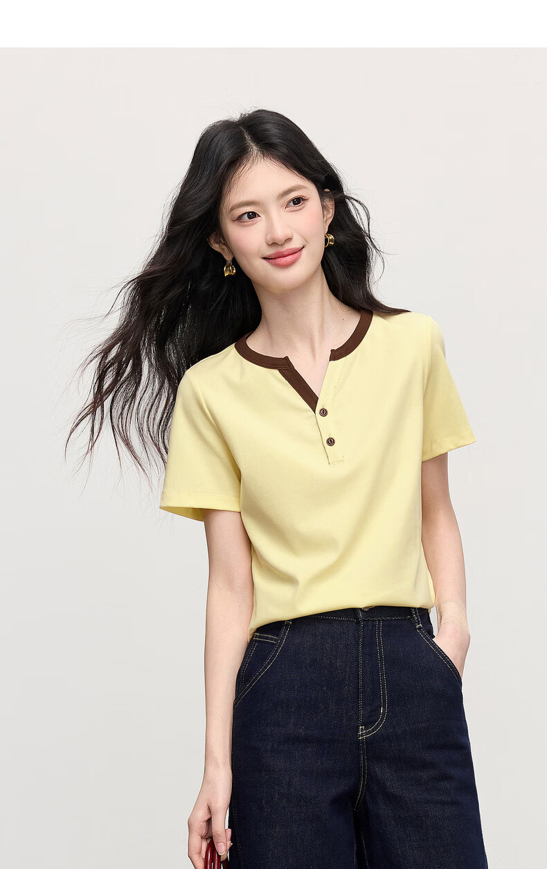 Sllsky Women's Short Sleeve T-Shirt 2026 Summer New Fashion Casual Colorblock Henley Neck Youthful Top 16