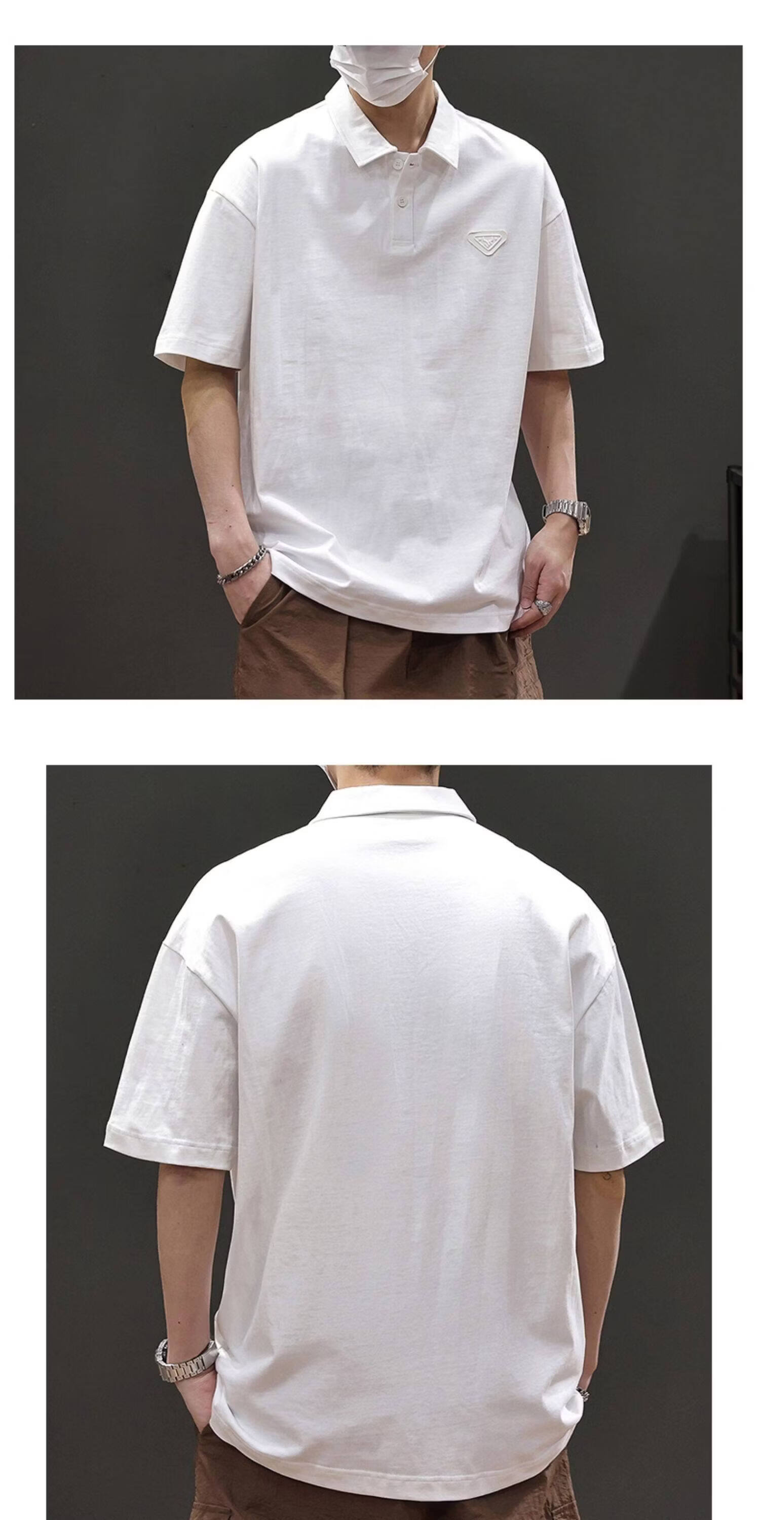 ROMON American Vintage Cotton Short Sleeve T-Shirt Men's Summer Heavyweight Casual Versatile Polo Shirt Black XL 10