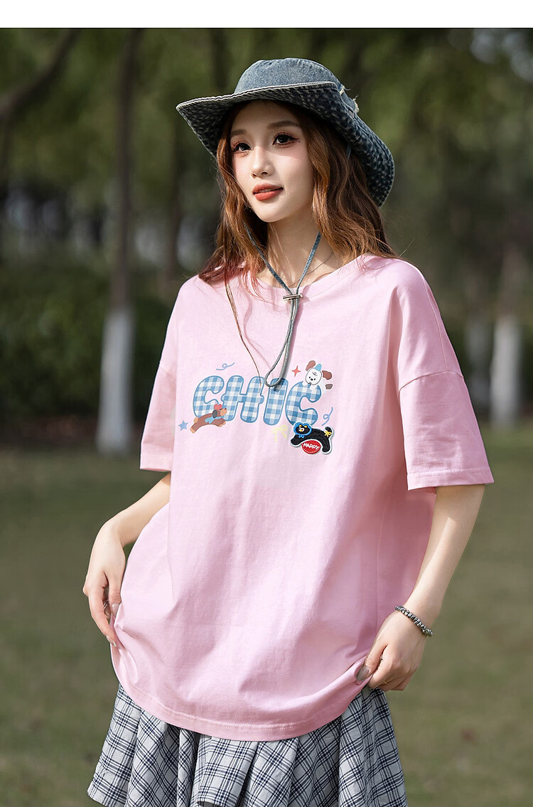 TonLion 2025 Summer Women's Crew Neck Plaid Letter Short Sleeve T-Shirt 12