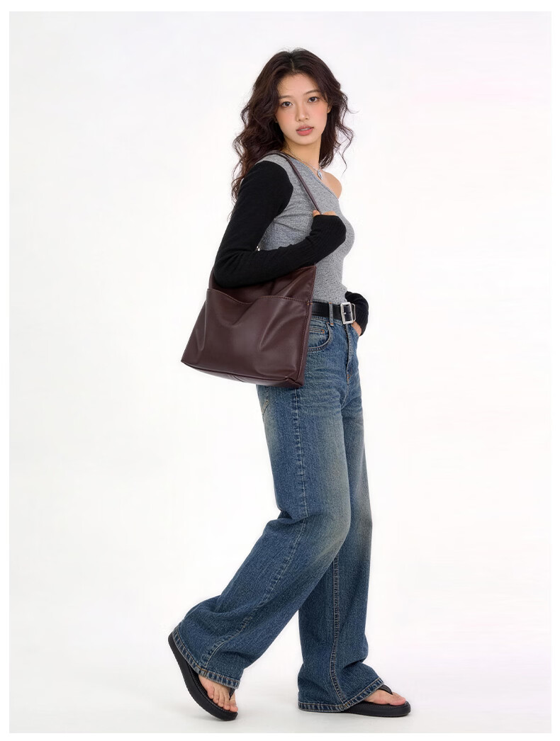 Mishi 2026 New Large Capacity Commuter Tote Bag Simple Casual Shoulder Bag Lambskin Women's Bag Brown 8