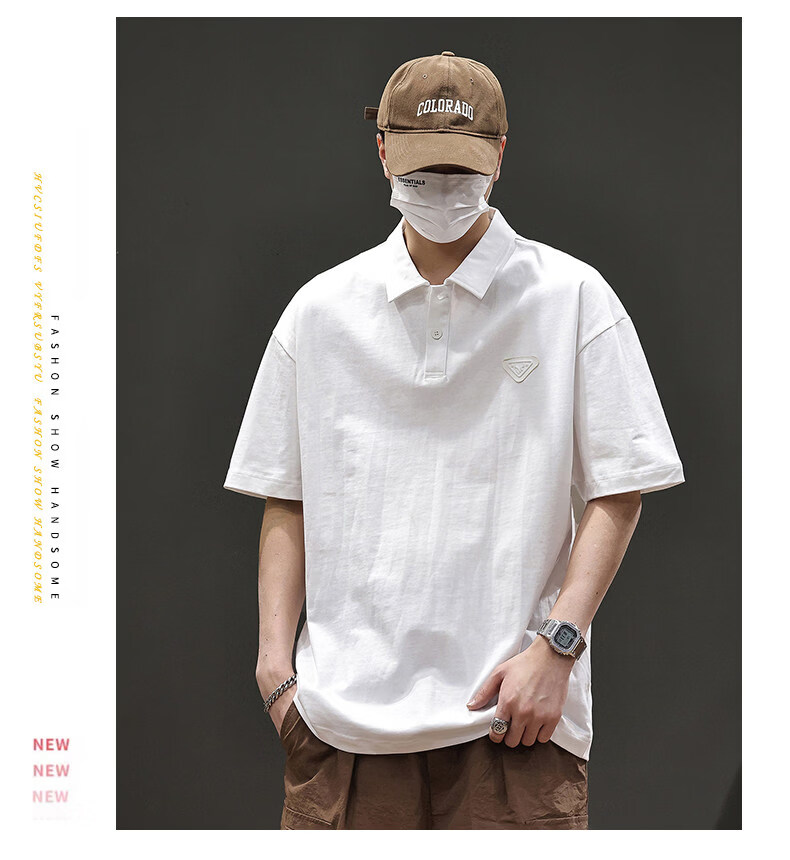ROMON American Vintage Cotton Short Sleeve T-Shirt Men's Summer Heavyweight Casual Versatile Polo Shirt Black XL 9