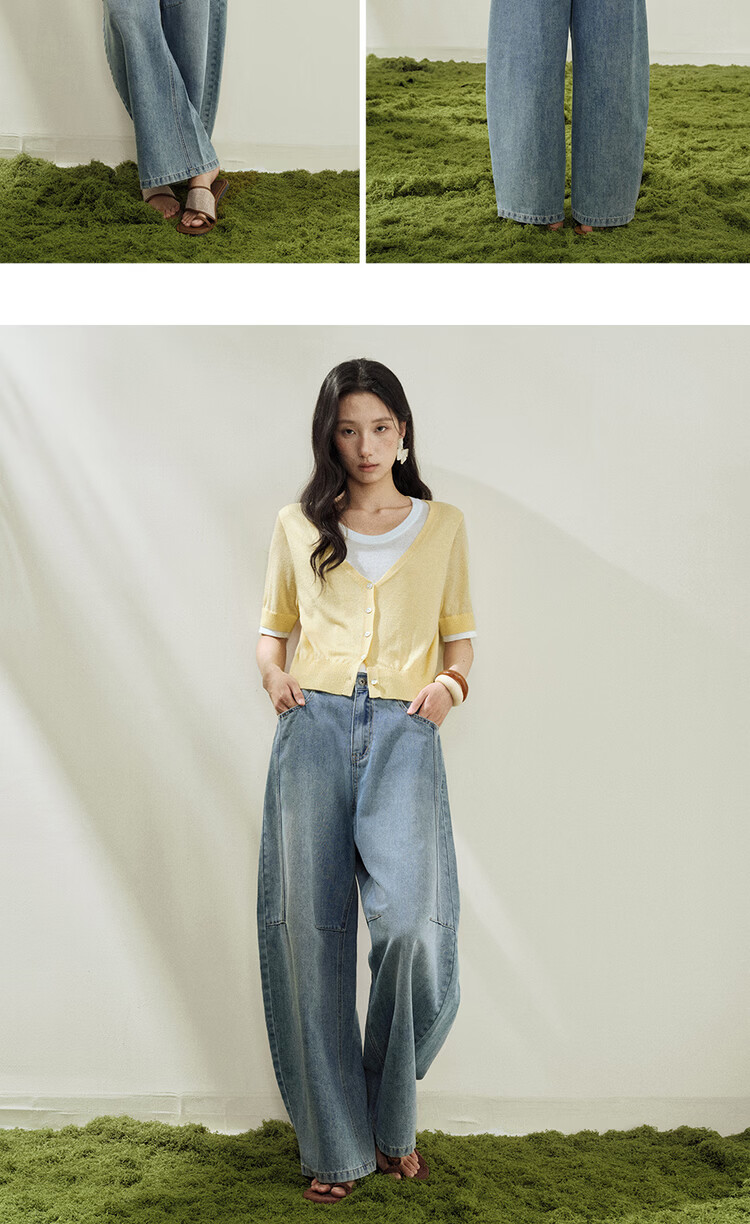 Giordano Designer 2026 Summer Retro Style Semi-Elastic Waist Wide-Leg Curved Hem Jeans for Women 18416206 12