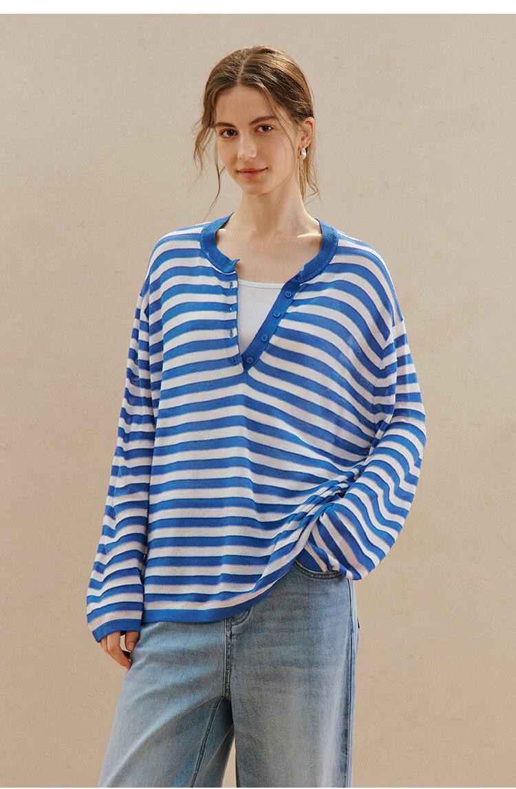 Inman [Linen Tencel] Henry Collar Striped Knit Top Summer New Women's Nautical Style Pullover Klein Blue M 27