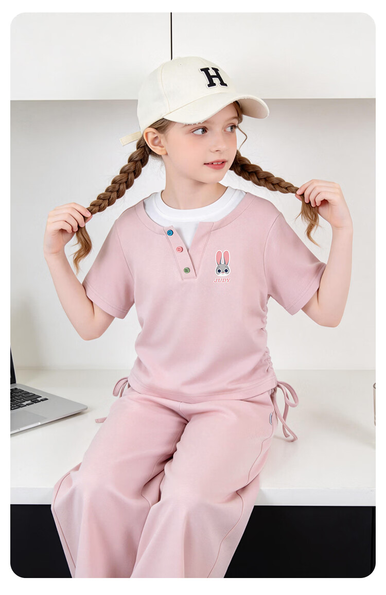 Disney Girls Judy Drawstring T-Shirt Set Summer Round Neck Short Sleeve Wide Leg Pants Two-Piece Casual Outfit Pink Size 150 13