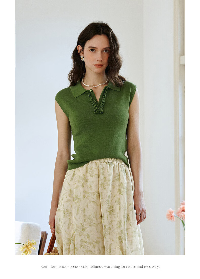 Olrain Eurielle Summer New Retro Brightening Green Polo Collar Slim Fit Short Sleeve Knit Top Women Green XL 8