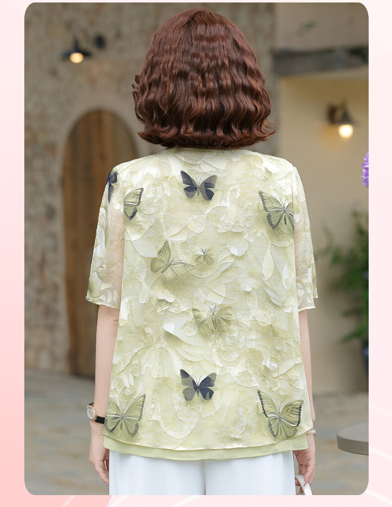 Hodo Middle-aged Mom Summer Chiffon Shirt Thin Summer Set Middle-aged and Elderly Fashion Women's Short Sleeve Top Two-piece Set 12