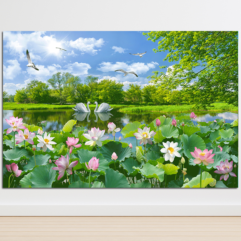 荷花莲花防水山水画田园风景贴画客厅沙发电视佛堂背景装饰画 q127 横