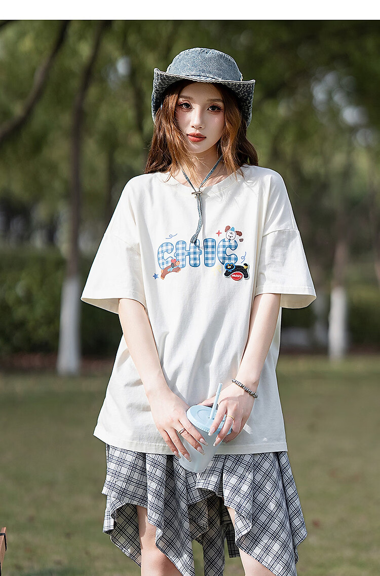 TonLion 2025 Summer Women's Crew Neck Plaid Letter Short Sleeve T-Shirt 4