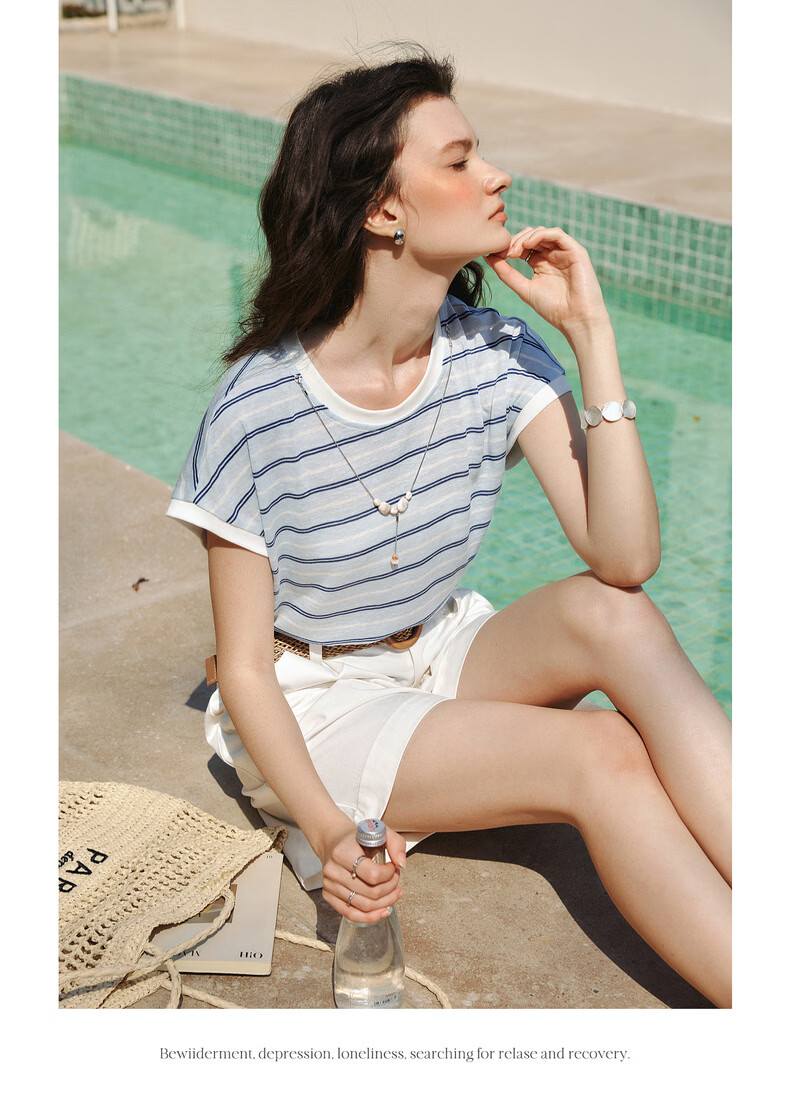 Olrain Summer New Blue and White Color Block Striped Loose Casual Commuting Short Sleeve T-Shirt for Women Striped L 11