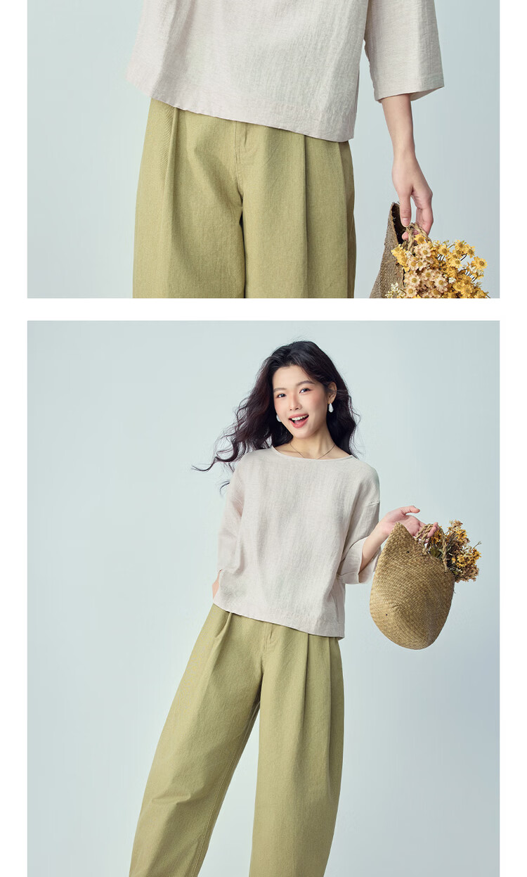 Giordano 2026 Summer New Textured Loose Casual Boat Neck Three-Quarter Sleeve Linen Shirt for Women 13346233 13