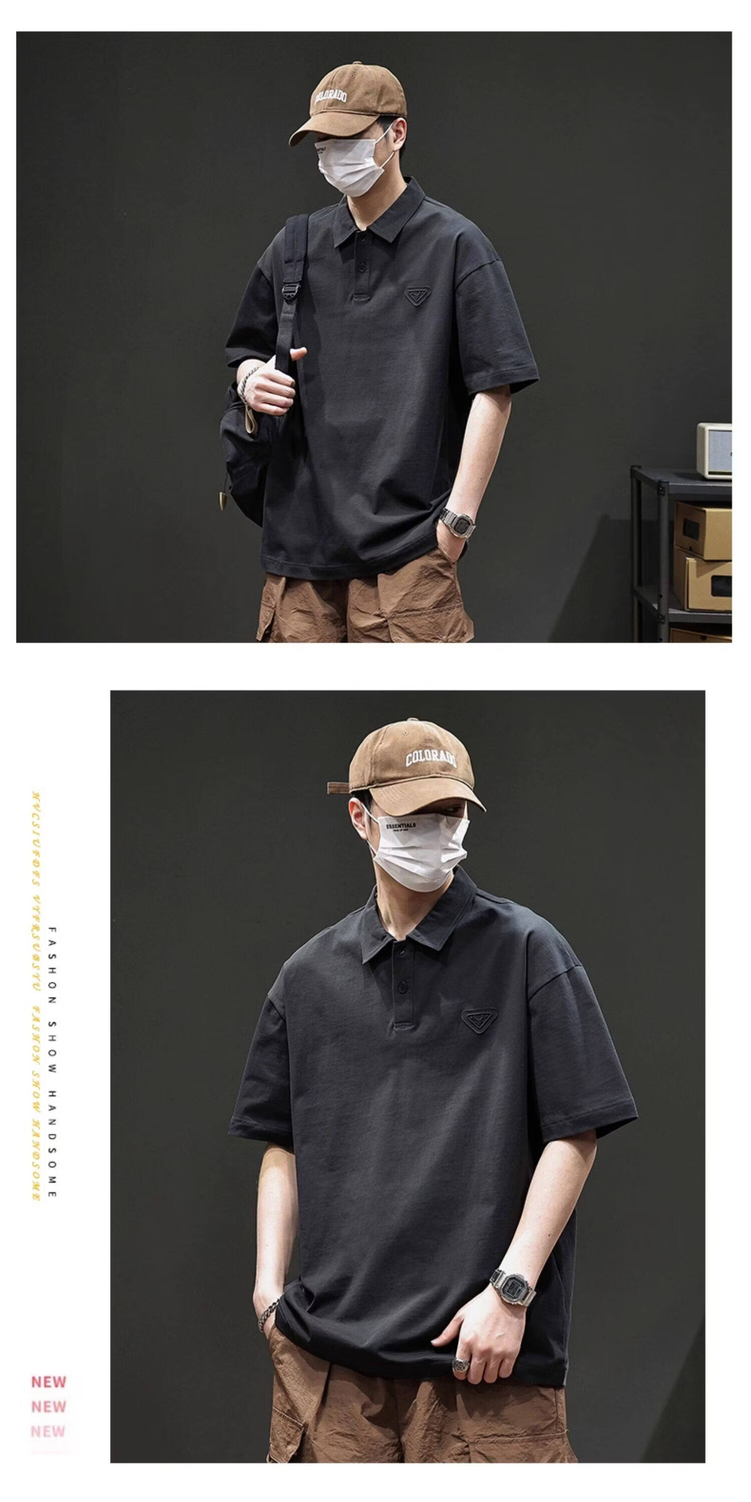 ROMON American Vintage Cotton Short Sleeve T-Shirt Men's Summer Heavyweight Casual Versatile Polo Shirt Black XL 18