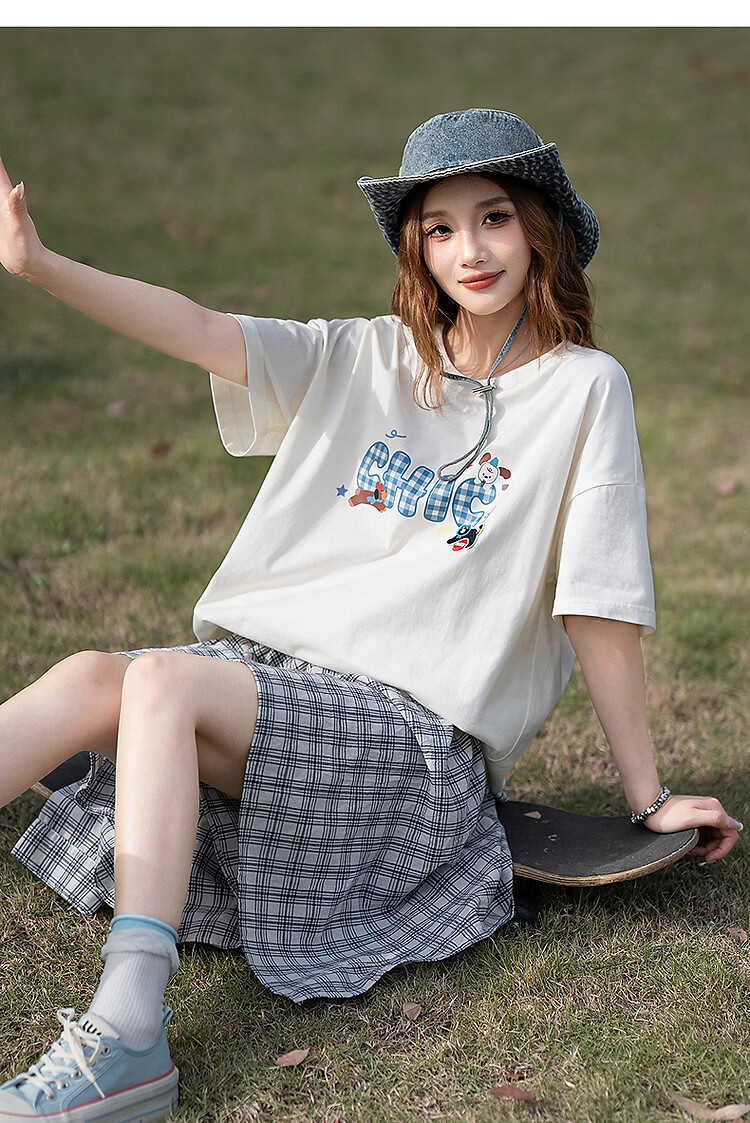 TonLion 2025 Summer Women's Crew Neck Plaid Letter Short Sleeve T-Shirt 7