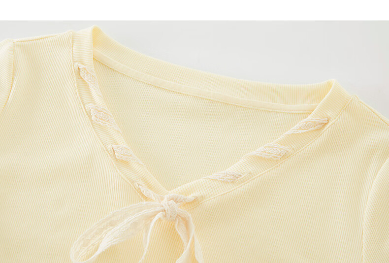 Sllsky Yellow Bow Tie V-Neck Short Sleeve T-Shirt Summer Women's Stylish Waist-Cinching Top 20
